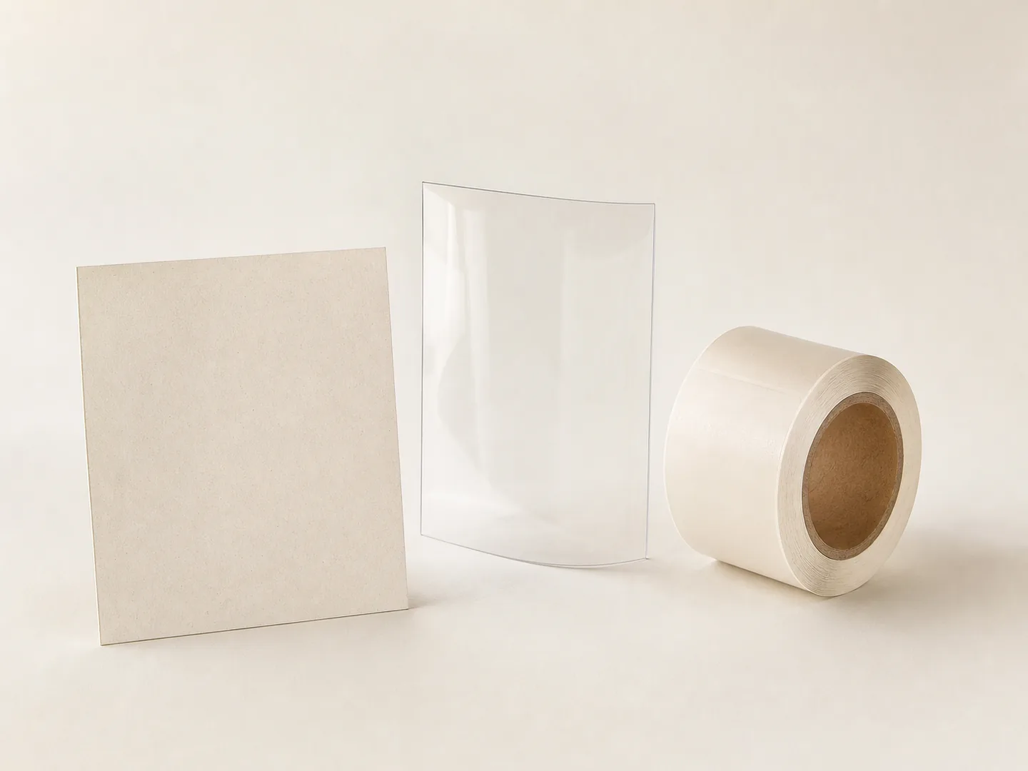 Illustrative unbranded paperboard, clear folding material and blank labels for a packaging-material discussion; final selection requires project confirmation.